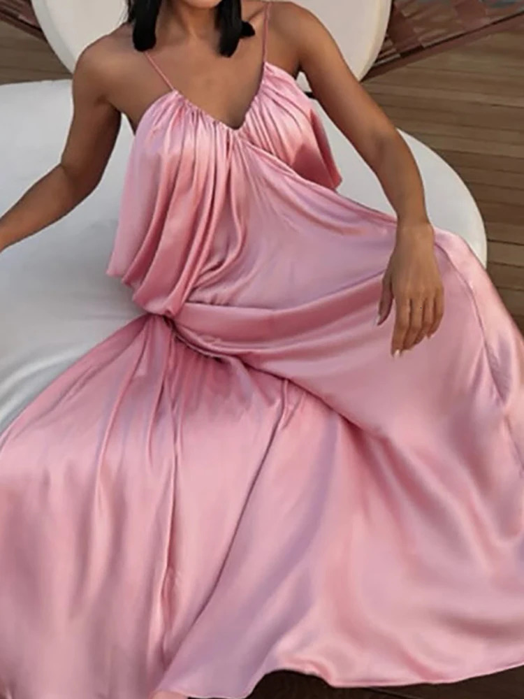 Casual Hollow Backless Maxi Dresses Club Party Sleeveless Camisole Summer Dress Sexy Womens V Neck Pleated Cocktail 250807