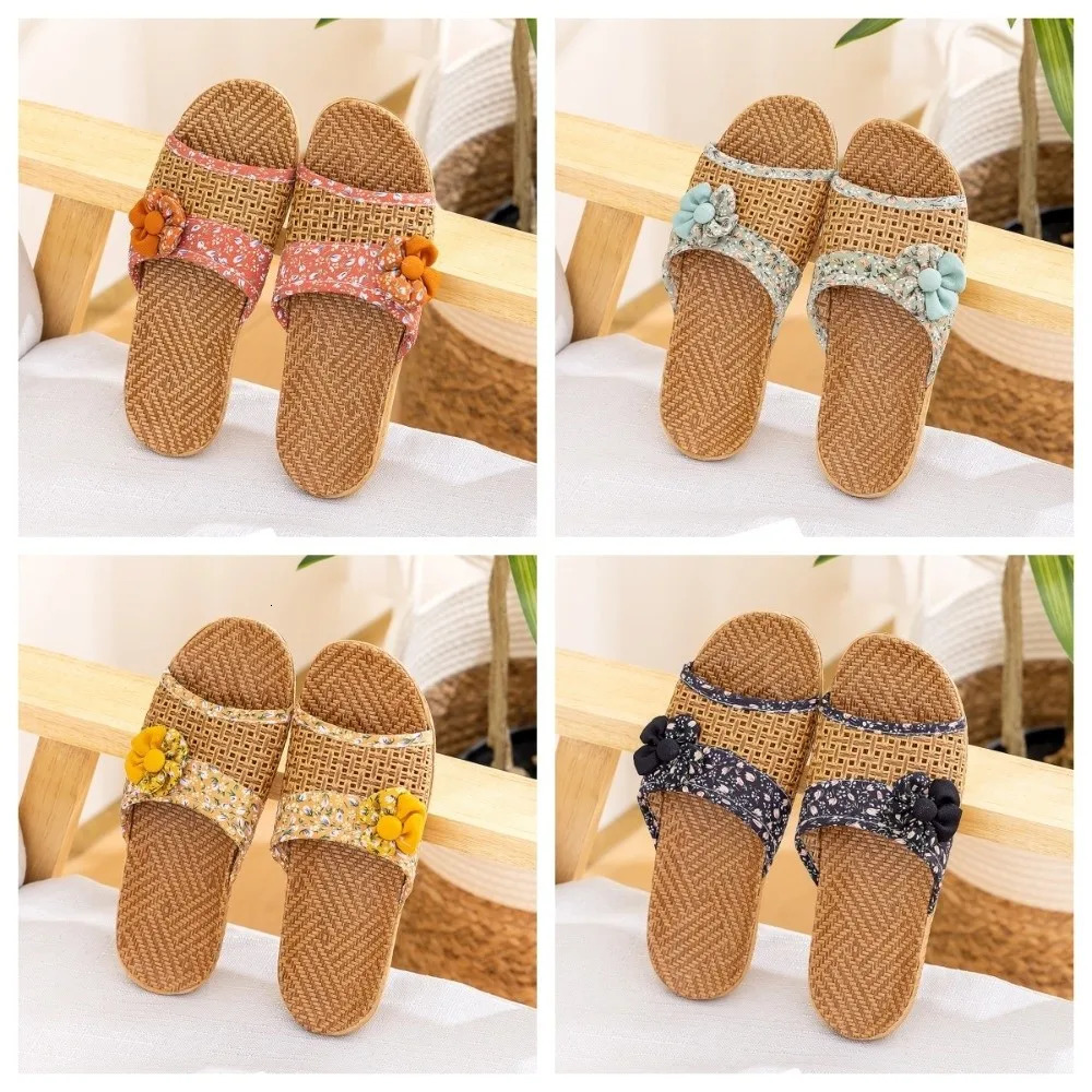 Fashion Breathable Straw Plaited Slippers Flower NonSlip Linen Shoes EVA Bottom Home Indoor 250801
