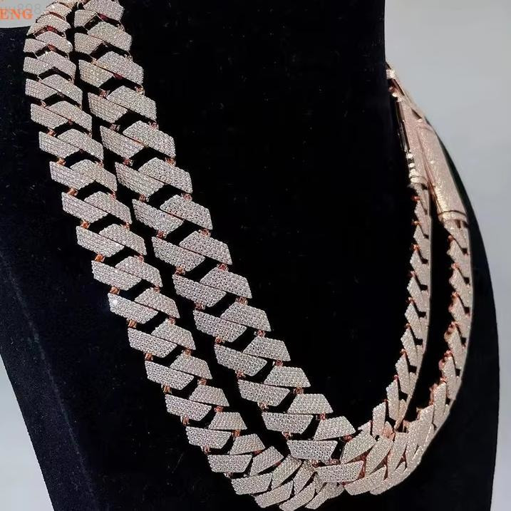 Hip Hop Miami16mm Cuban Link Chain 925 Sterling Silver VVS Moissanite Diamond Cuban Rose Gold Plated Cuban Chain Necklace