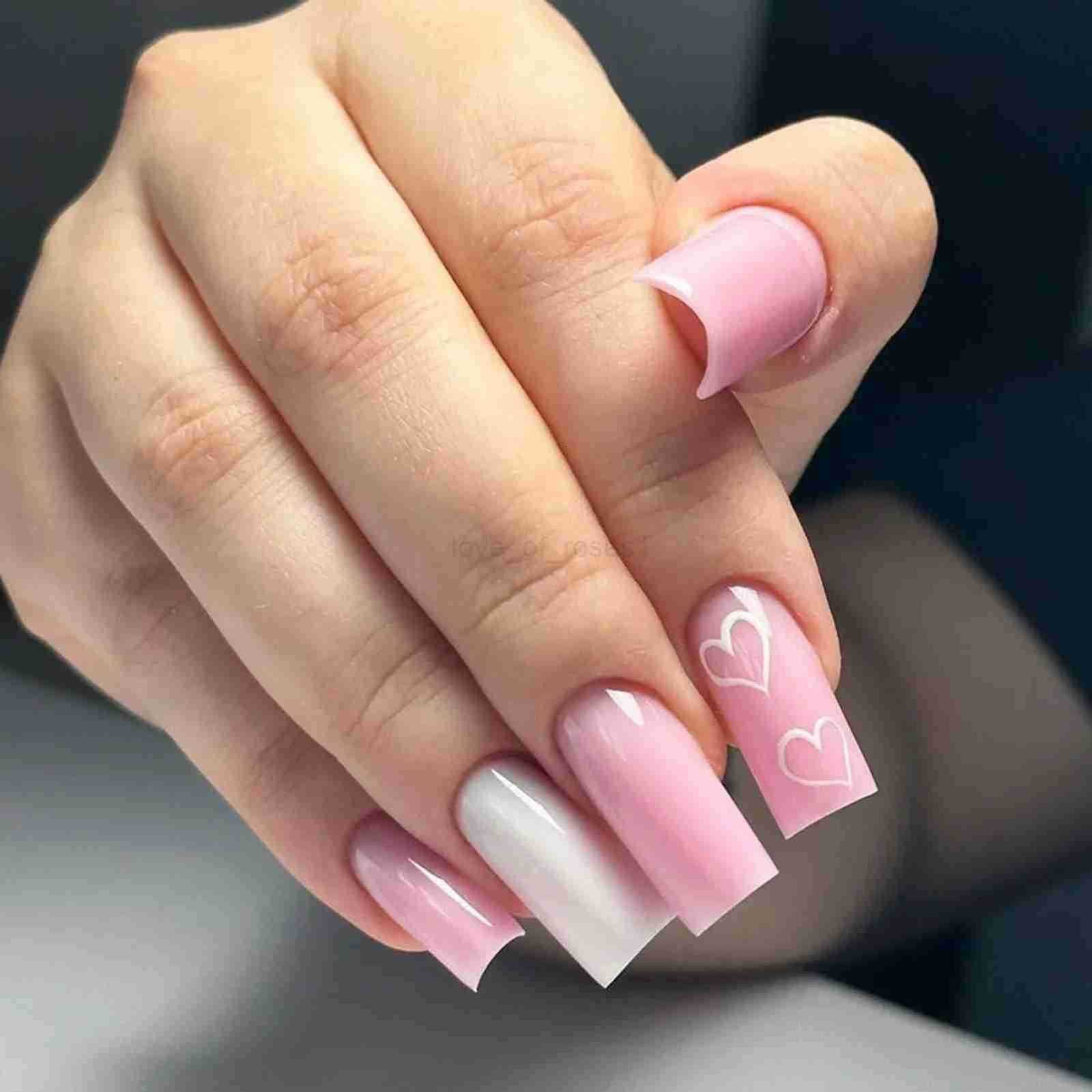 Light Pink Fake Nails Mid-Length Square Head Press-On Nails Love Heart Printed Diamond Designs French Style False Nails Tips Z250807