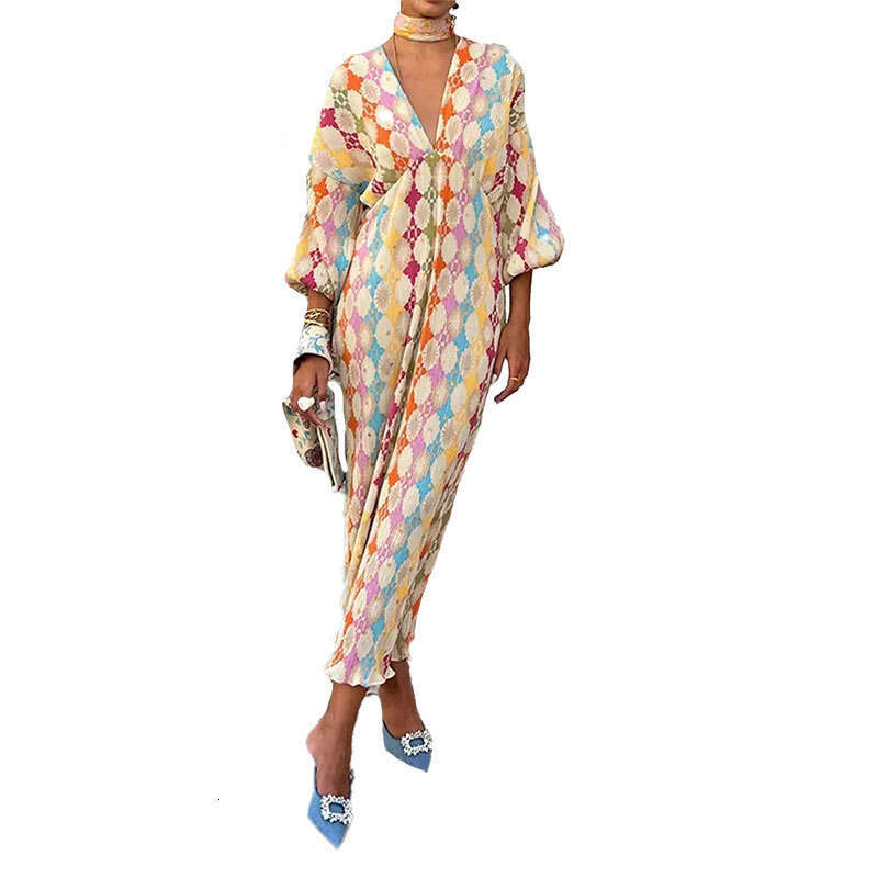 Women's Fashion Printed Long Elegant V-Neck Lantern Half Sleeve Dress For Women B5 h7