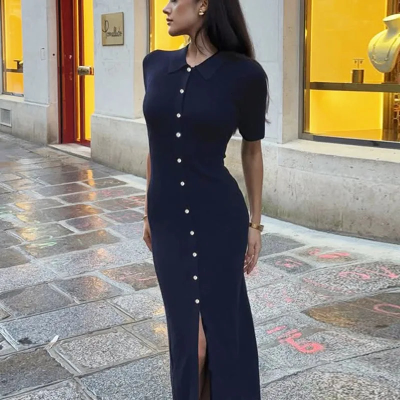 Talenza Knit Slim Long Dress Women Solid High Waist Slim Single Breasted Long Dress Fashion Lapel Casual Office Lady Knit Dress 250805