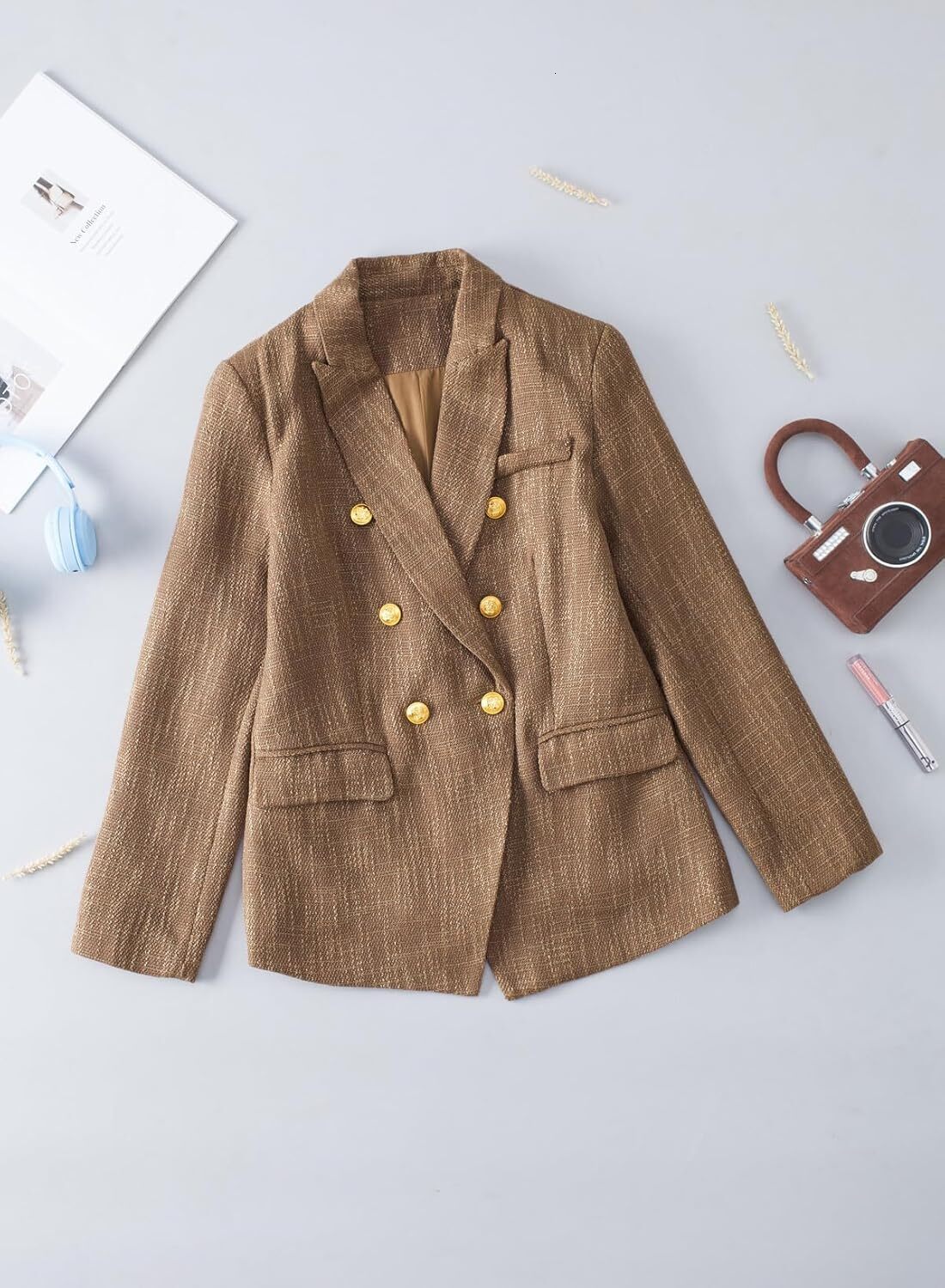 Womens Tweed Blazers Casual Long Sleeve Double Breasted Open Front Blazer Jackets Work Suits