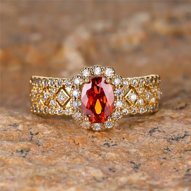 Red Crystal Oval Stone Ring White Zircon Engagement Band Yellow Gold Color Bridal Rings For Women July Birthstone Jewelry 250730