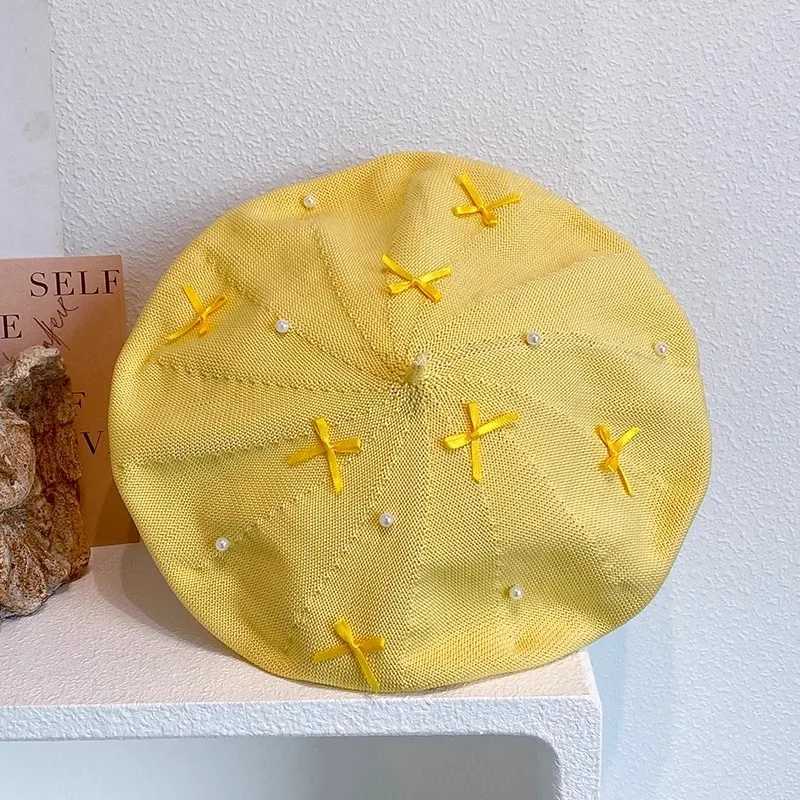 Korean Sweet Bow Yellow Beret Womens Summer Thin Cut Hollow Breathable Face Enhancing Small Artist Hat Newsboy Hat XJ250807