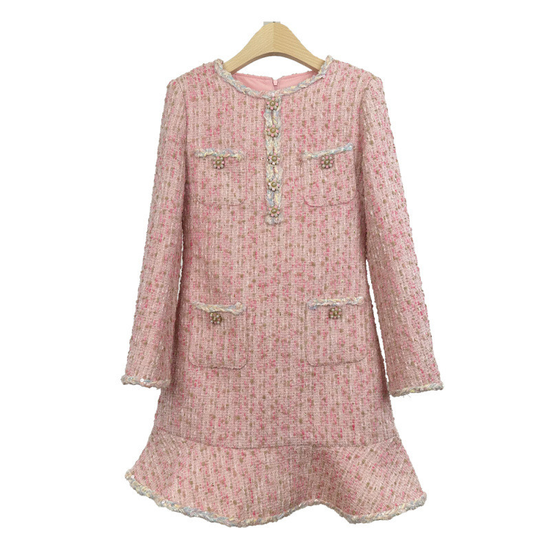 Pink Gentle Elegance Style Slimming Long Sleeve Dress Tweed Handmade Lace Mermaid Dress