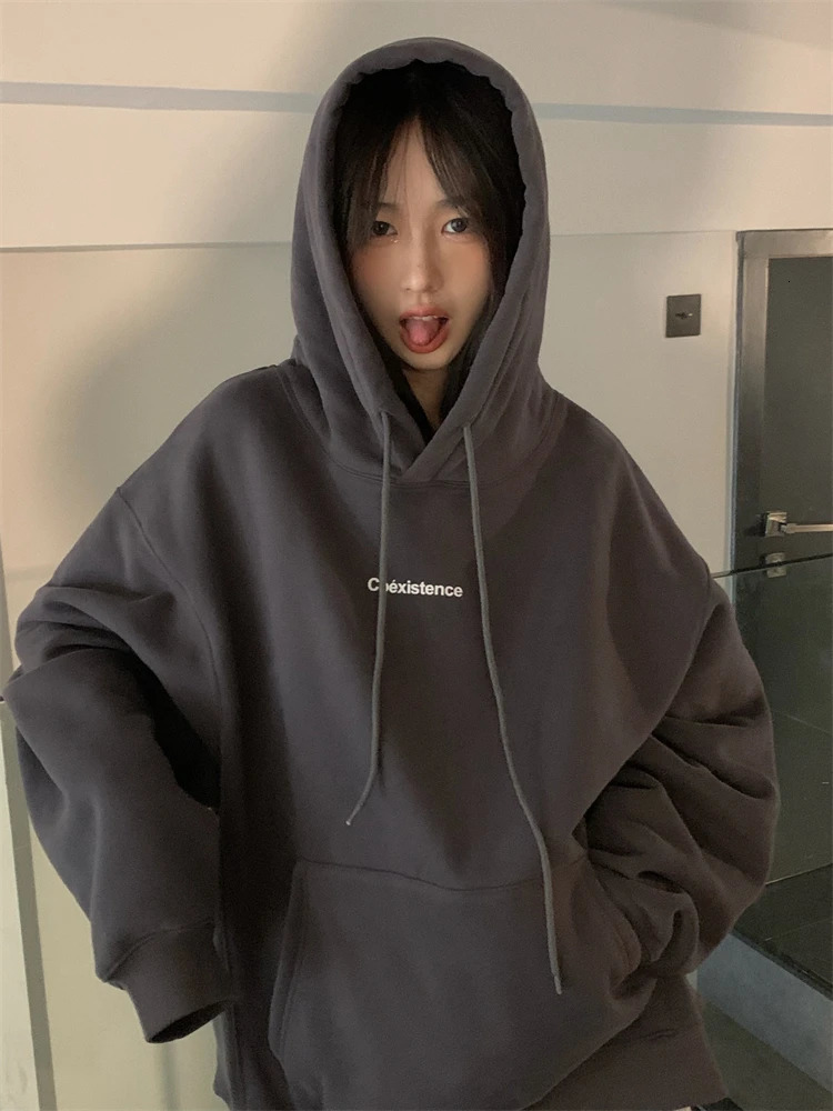 Fashion Dark Grey Hoodie Fleece Thicken Sweatshirt Long Sleeve Korean Letter Printing Baggy Female Tops Pullover Autumn 250807