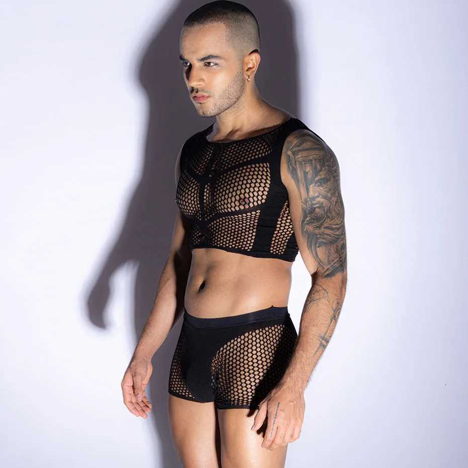 2 Pieces Sexy Lingerie Men Bodysuit Underwear Fishnet Bodysuit Top and Pants Set Bodystockings Erotic Lingerie Porno Costumes W250807