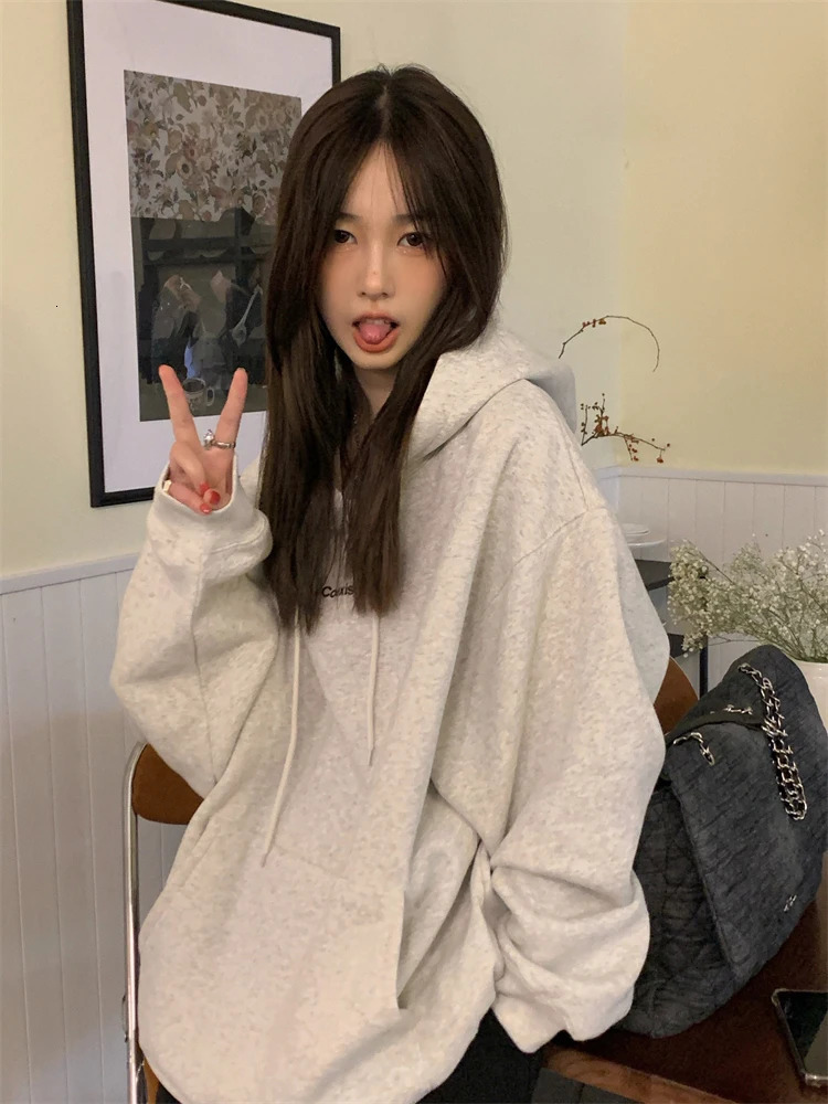 Fashion Dark Grey Hoodie Fleece Thicken Sweatshirt Long Sleeve Korean Letter Printing Baggy Female Tops Pullover Autumn 250807