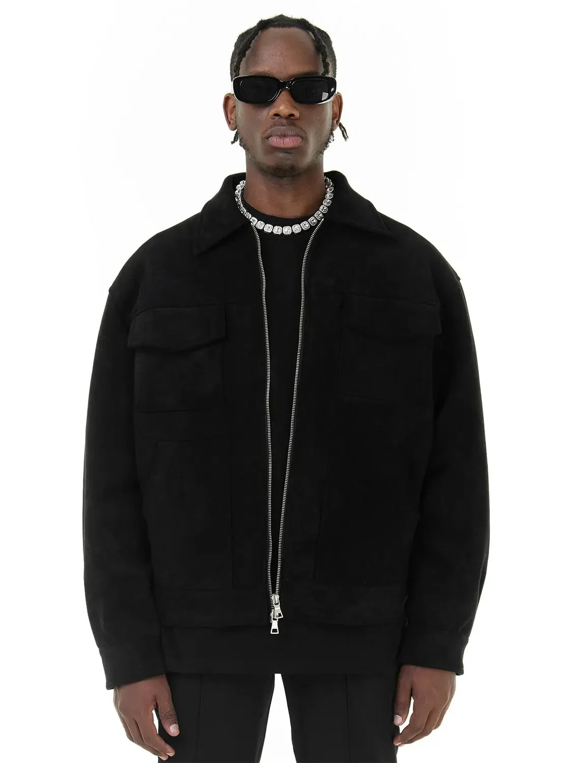 Vintage High Street Suede Material Crock Jacket With Zipper Lapel Casual Short Jacket For Men 250804