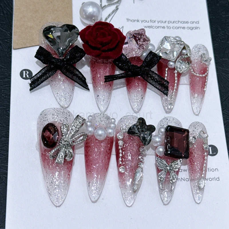 10pcs Stiletto Almond Press On Nails Dark Black Fake Nails With Butterfly Star Design Hot Girl Detachable Full Cover Nail Art Tip M250807