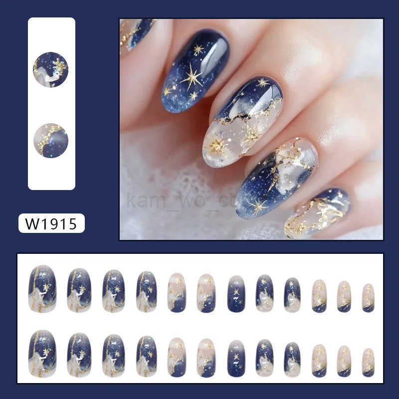 24pcs Smudging Blue False Nails Gentle Almond Gold Star Patterns Press On Nails Romantic Wearable Fake Nails Spicy Girl Manicure M250807