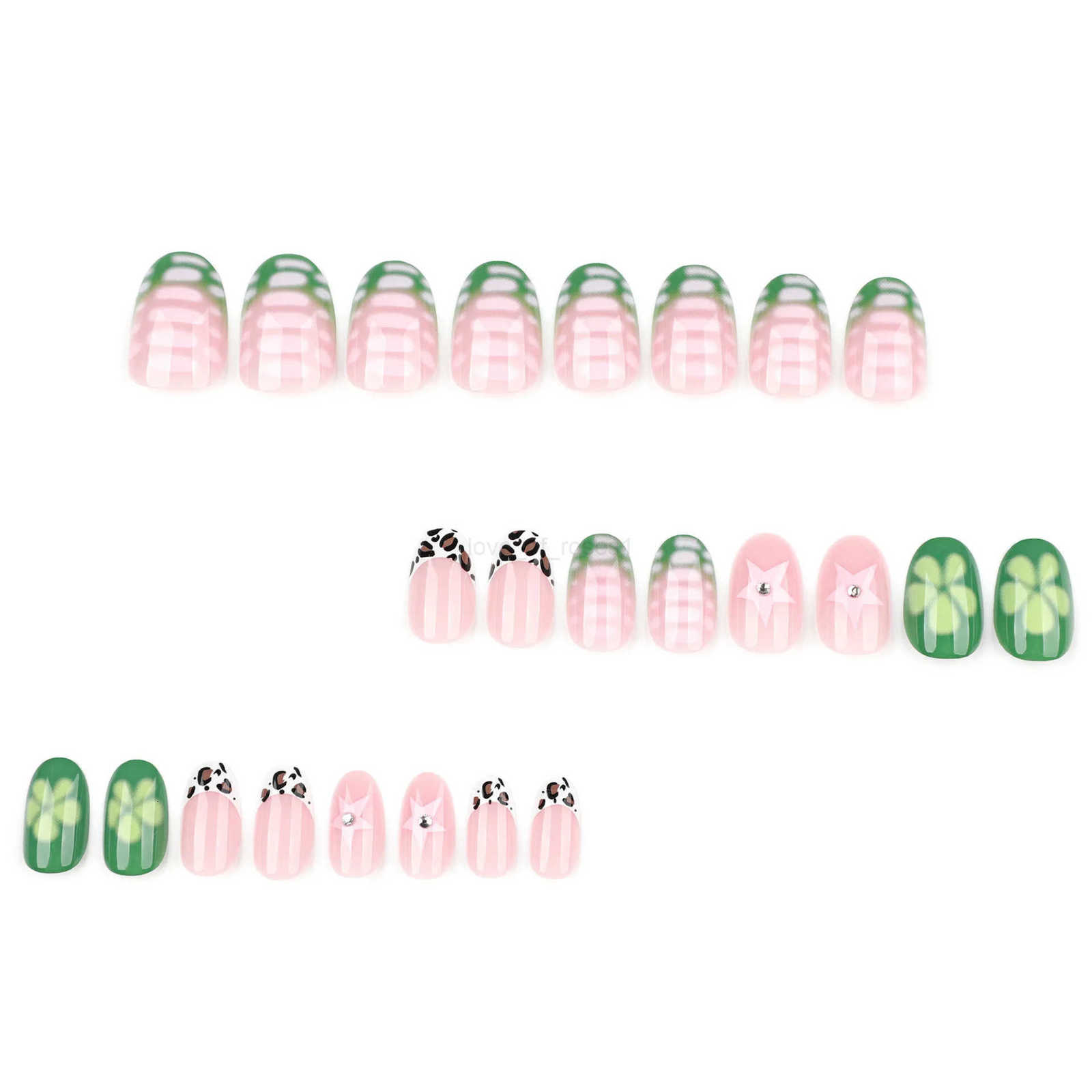 24pcs Press on Nails Short Square Round Green Cream French Small Flower Star False Nails for Women Girls Removable Wearable Nails Z250807