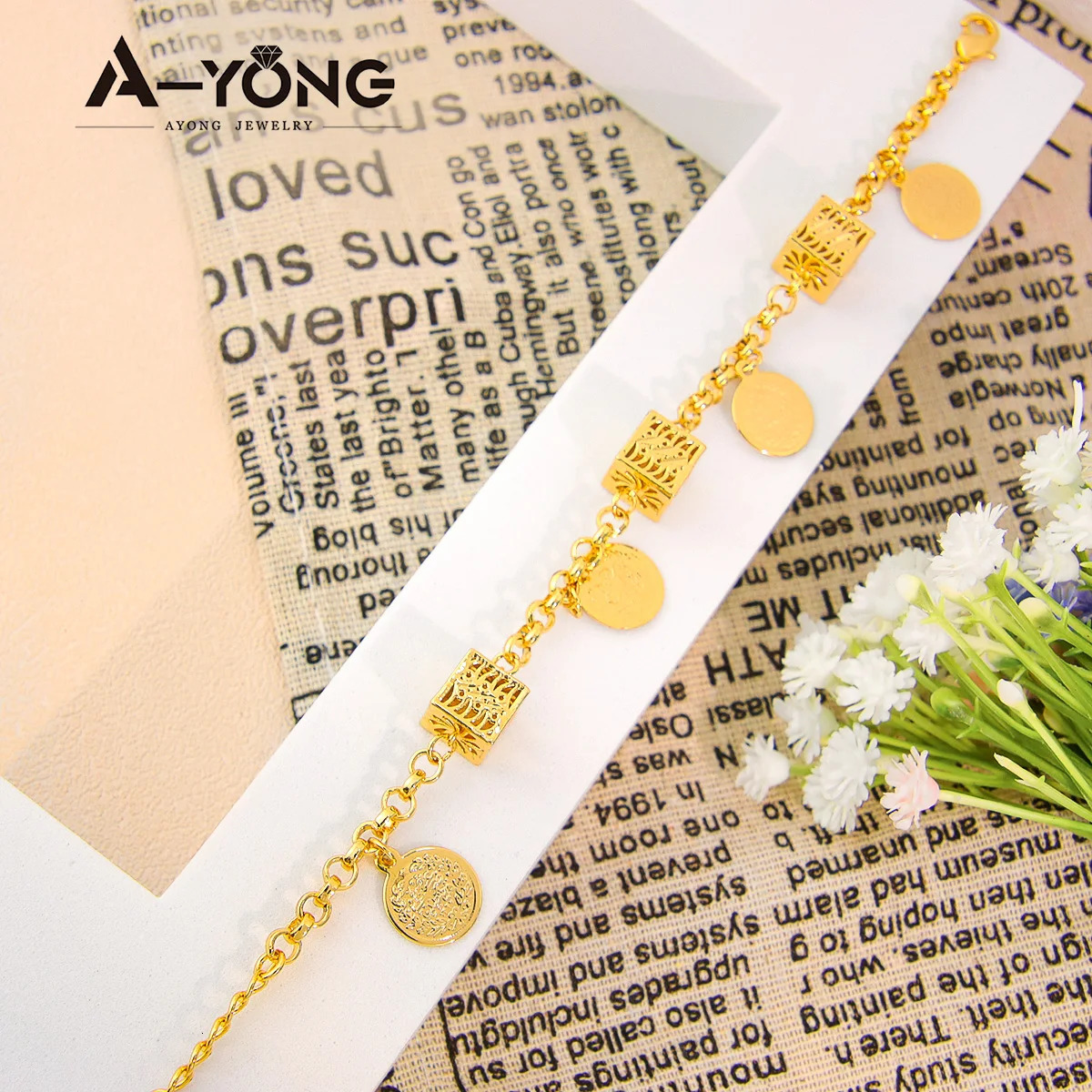 Arab Fashion Coins Bracelet 21k Gold Plated Turkish Chic Square Pendant Chains Dubai Muslim Women Wedding Party Gold Jewelry 250730