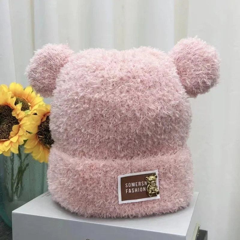 Winter Bear Plush Knitted Hat for Women Cute Furry Ear Beanie Non Elastic Fisherman Style Warm Soft Headwear for Cold Weather 250806