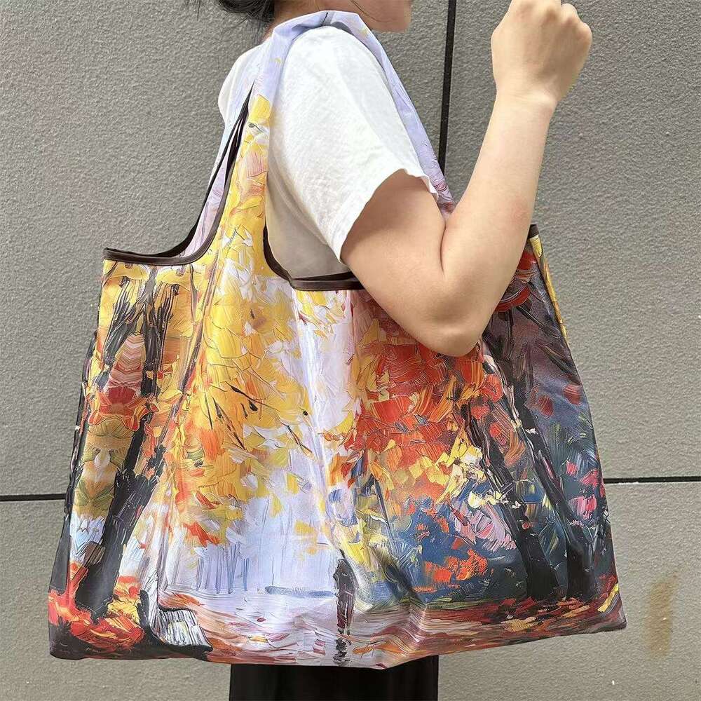 2025 New Eco-friendly Travel Oil Painting Series Cartoon Foldable Handheld Shopping Grocery Bag