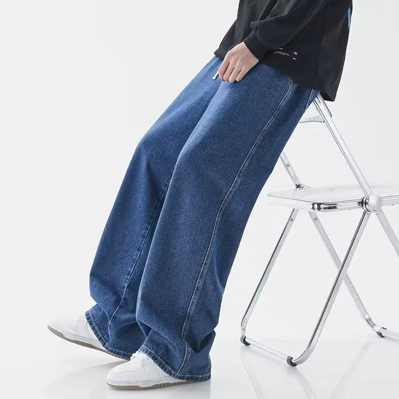Korean Fashion Mens Casual Ankle-Length Jeans Classic Man Straight Denim Wide-leg Pants Light Blue Grey Black 3XL 250805