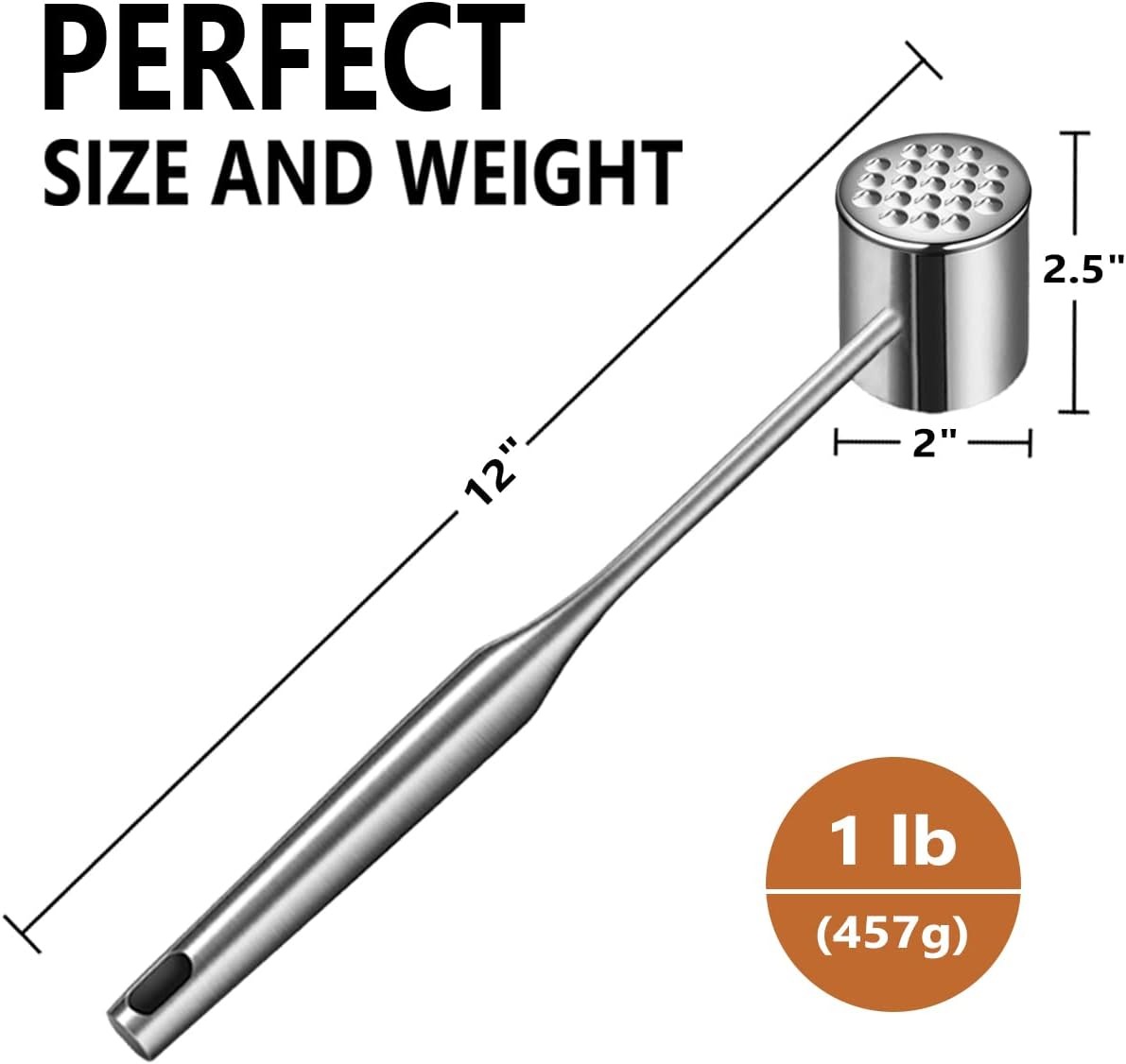 ICEDOG-304 Stainless Steel Meat Tenderizer Mallet Dual-Sided Textured Flat Meat Hammer Heavy Duty Beef/Poultry Pounder for Steak Chicken Dishwasher Sa