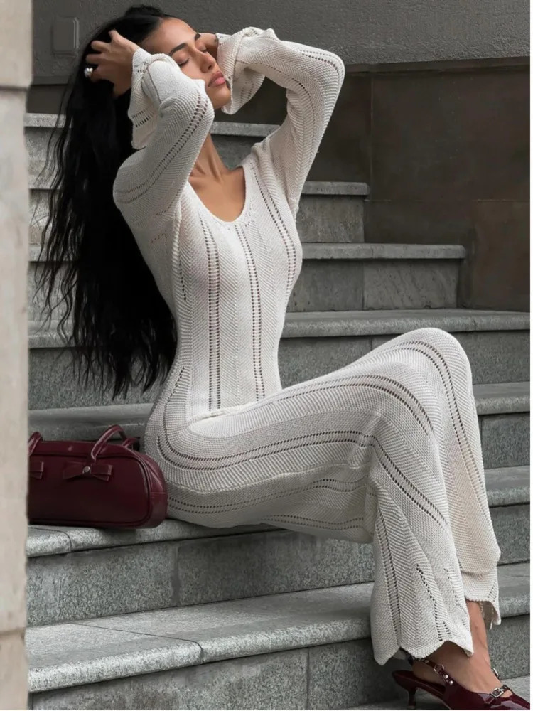Articat Elegant Knitted Sweater Long Sleeved V-neck Dress Women Slim Hollow Out Female Vesidos Party Club Evening Dress Vacation 250806