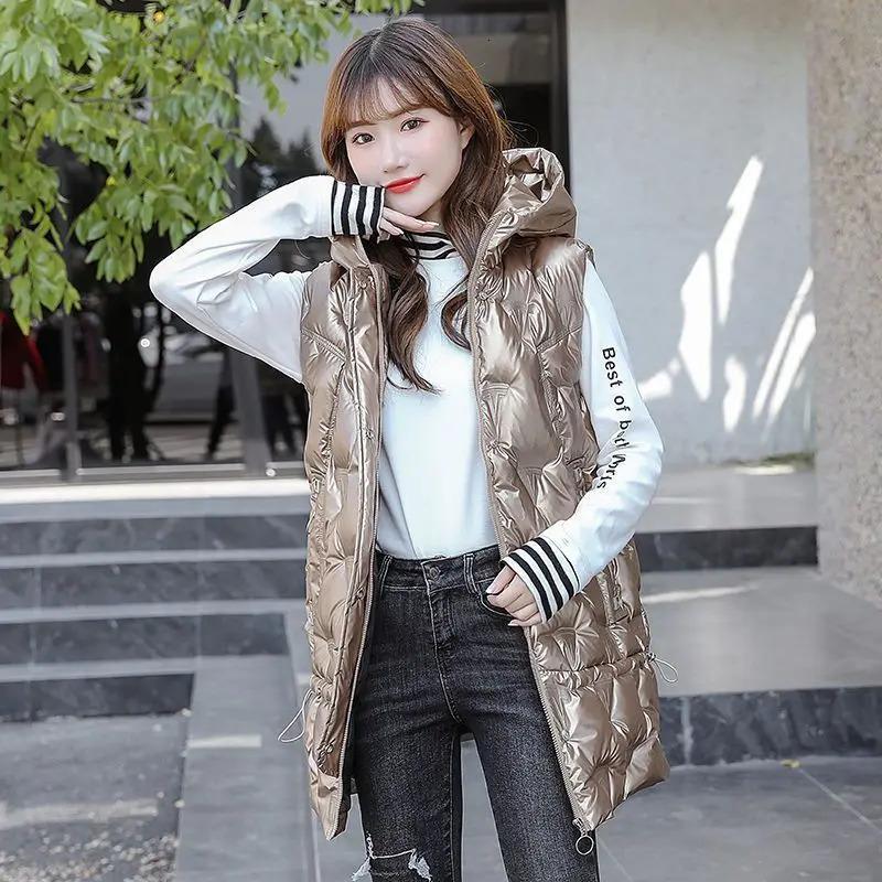 Winter Vest Glossy Down Cotton Parkas Vest Jacket Women Mid-length Leisure Hooded Sleeveless Waistcoat Female Warm Coat 250804