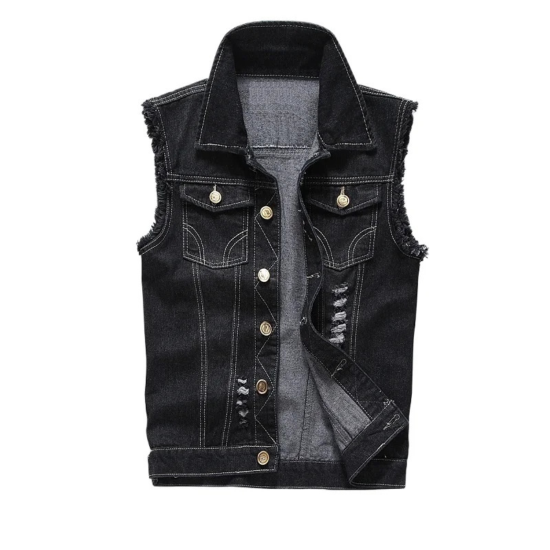 Denim Vest for Men Korean Style Slim Light Blue Horse Clip Vest Ripped Denim Vest Top Mens Fashion 250804