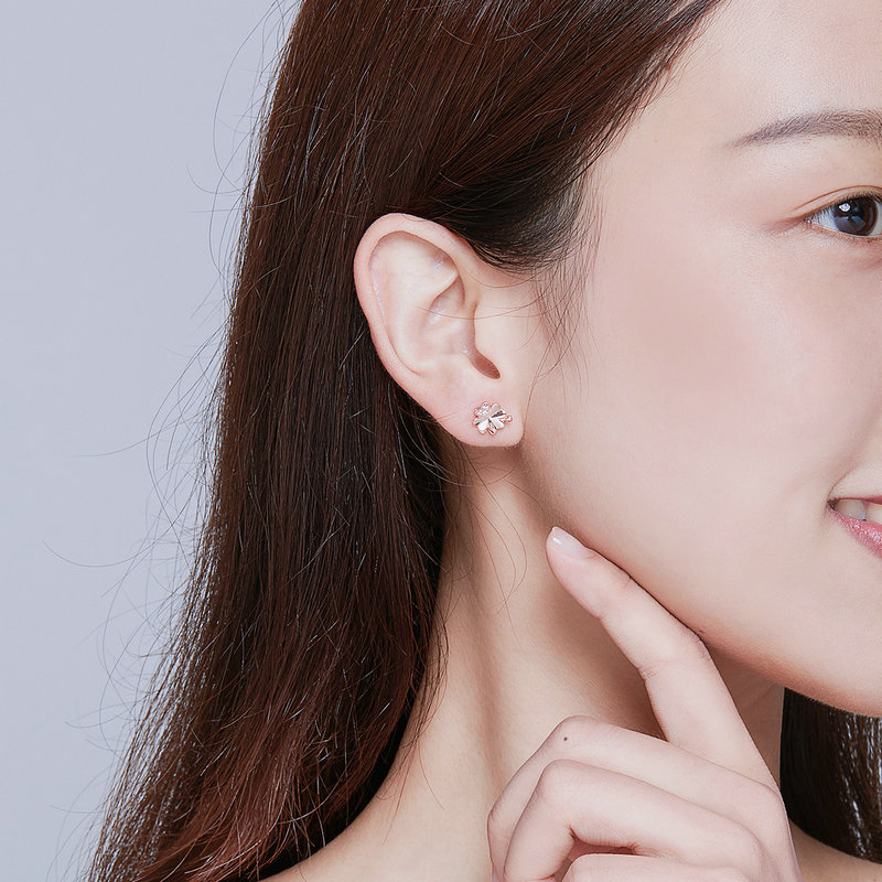 Bamoer Original Four-leaf Clover Stud Earrings S925 Sterling Silver Rose Gold Plated Earrings Plant Personality Fashionable Silver Earrings