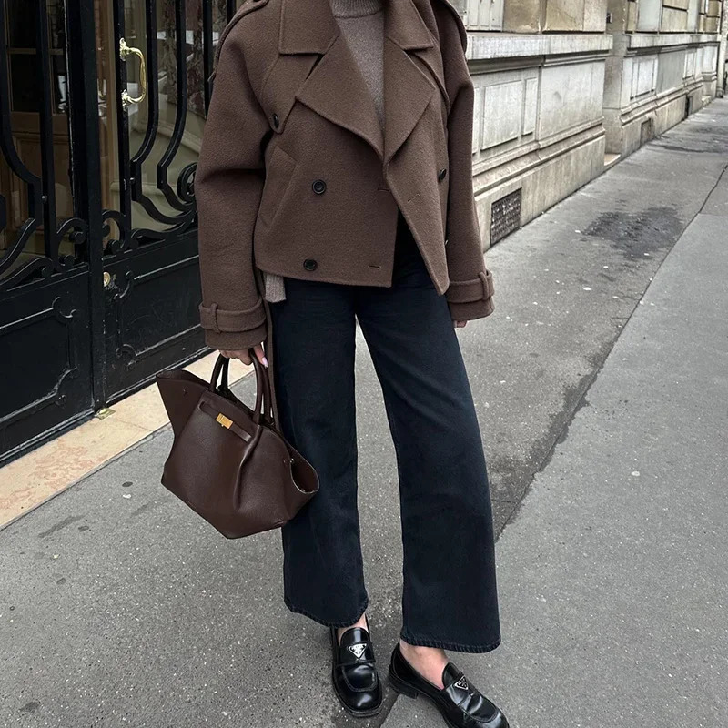 Autumn Brown Retro Woolen Coat Turn-down Collar Casual Jacket Fashion Slim Fit Woolen Coat High Street Lady Outerwear 250806