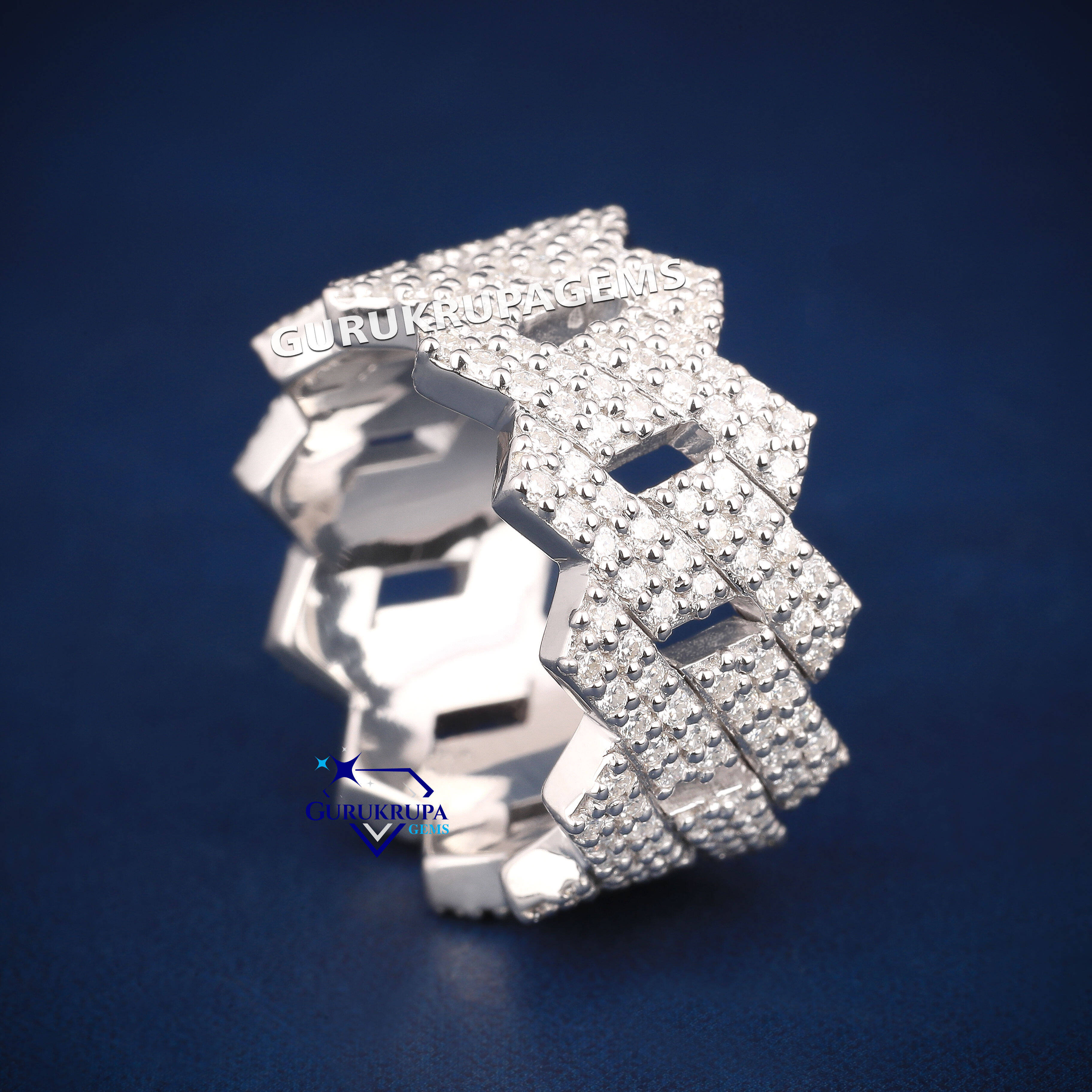 Pass Diamond Tester Hip Hop Bling D Color Moissanite Iced Out Mens 2 Rows Cuban Link Ring With 14k Real Gold