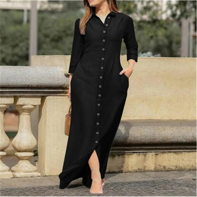 Elegant and Fashionable Neutral Style Long Sleeved Cardigan Solid Color Long Cotton and Linen Dress Temperament Party Dress 250806