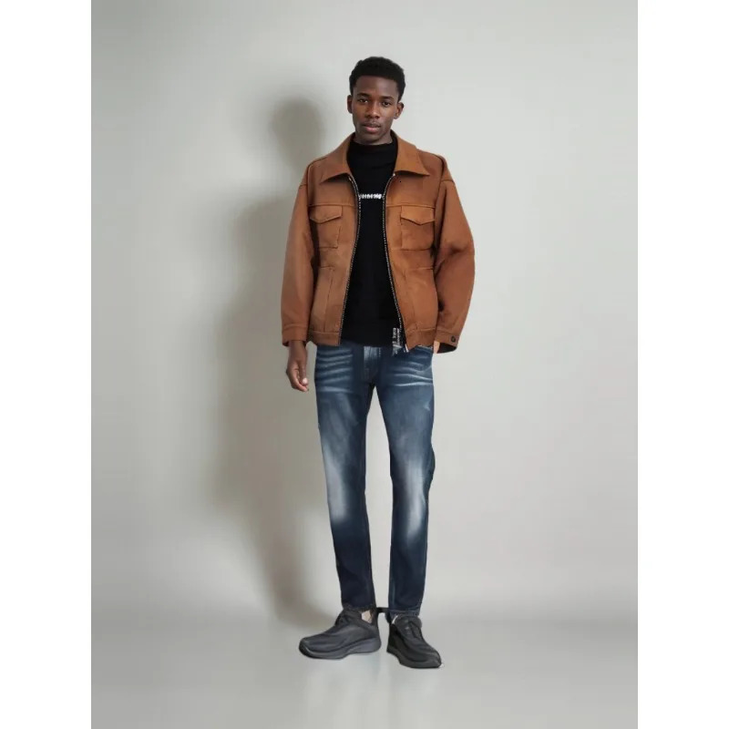 Vintage High Street Suede Material Crock Jacket With Zipper Lapel Casual Short Jacket For Men 250804