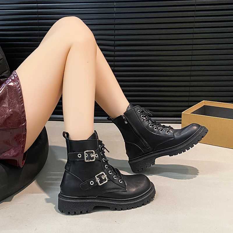 2025 Black Ankle Boots Square Heel Front Lacing Women New Rock Motorcycle Boots Big Sizes Platform Women Shoes Womens Shoes XJ250807