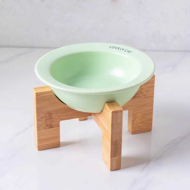 UFO Pet Cat Bowl Cervical Spine Protection Slanted Mouth Ceramic Wooden Frame Bowl for Dog Cat Pet Supplies Accessories Y250806