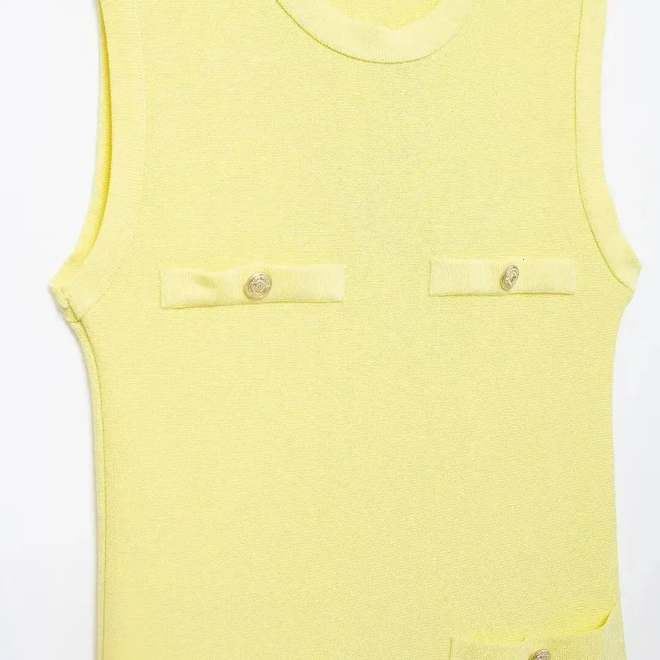 TRAFSHE Women Pale Yellow Knitted Pleated Dress Summer Fashion Pockets ONeck Sleeveless Aline Mini Official 250807