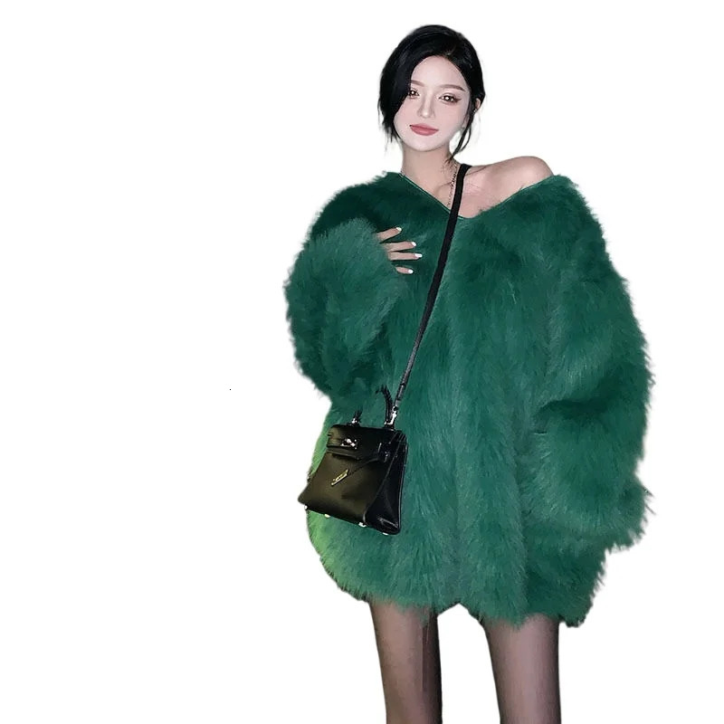 Fluffy Oversized Sweater Autumn Winter Womens Clothing Y2k Streetwear Mink V-neck Soft Pullover Jumper Loose Long Sleeve Tops 250804