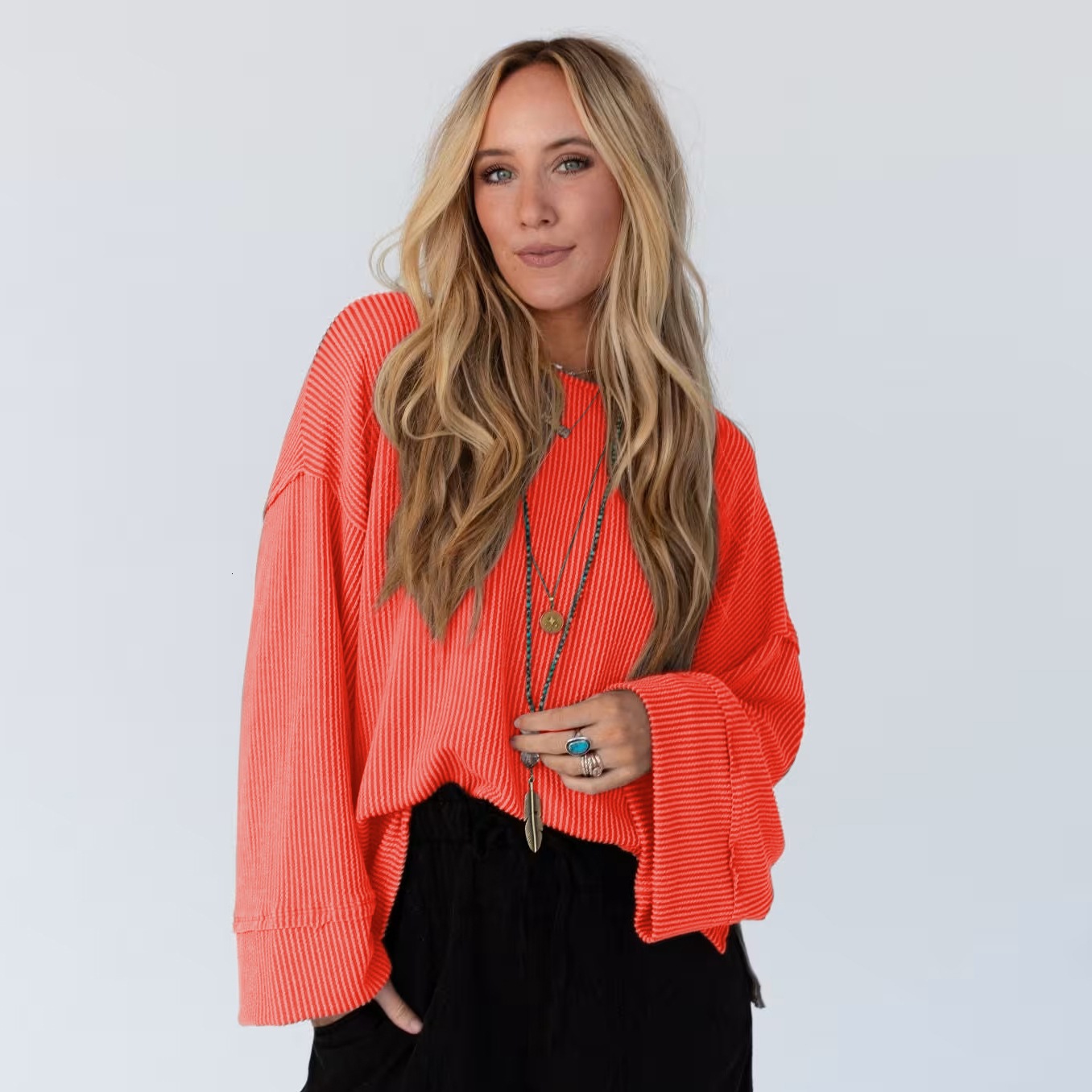 Women's Hollow Out Twisted Ribbed Long Sleeve T-Shirt Trendy Loose Casual Commuter Top