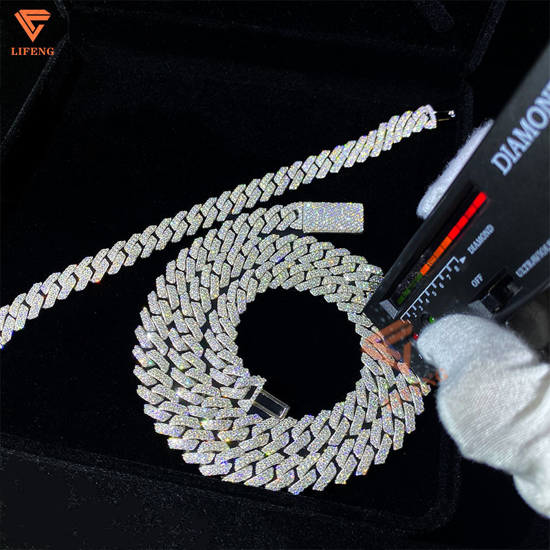Hot Selling Pass Diamond Tester 925 Solid Silver 14mm Two Rows Iced Out Hip Hop Jewelry Vvs Moissanite Diamond Cuban Link Chain