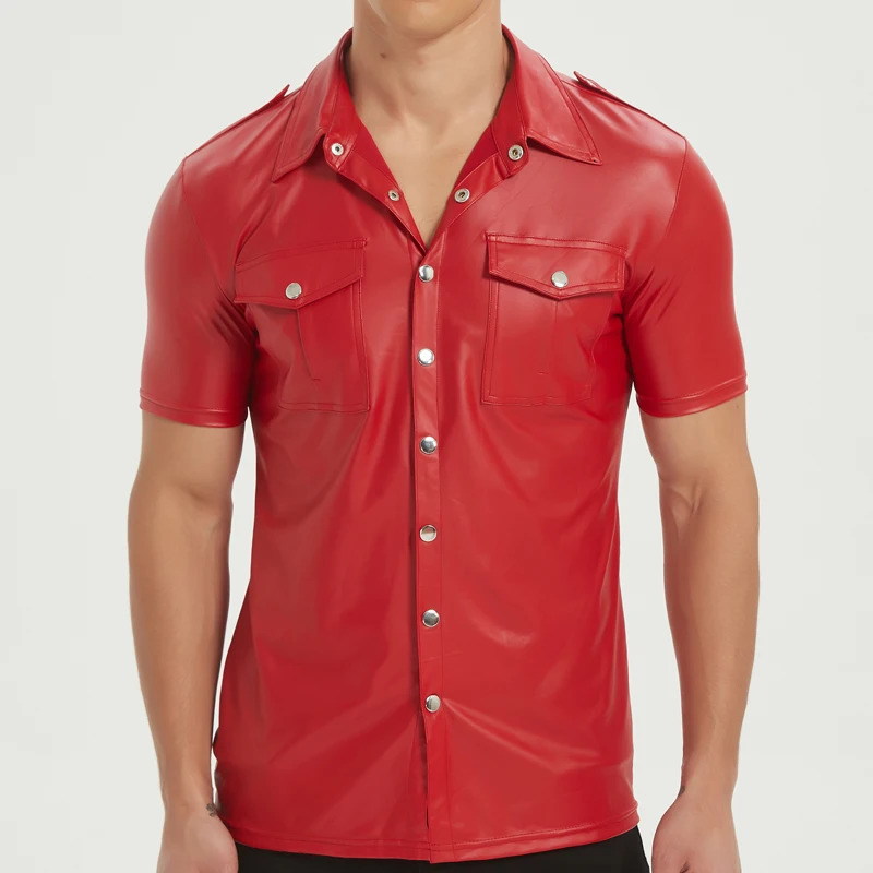 Mens PU leather shirts elastic short sleeve superior quality 250807