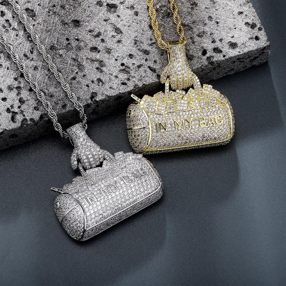Hip Hop IN MY BAG 3D Handbag Pendant Necklace 5A Zircon Real Gold Plated Jewelry