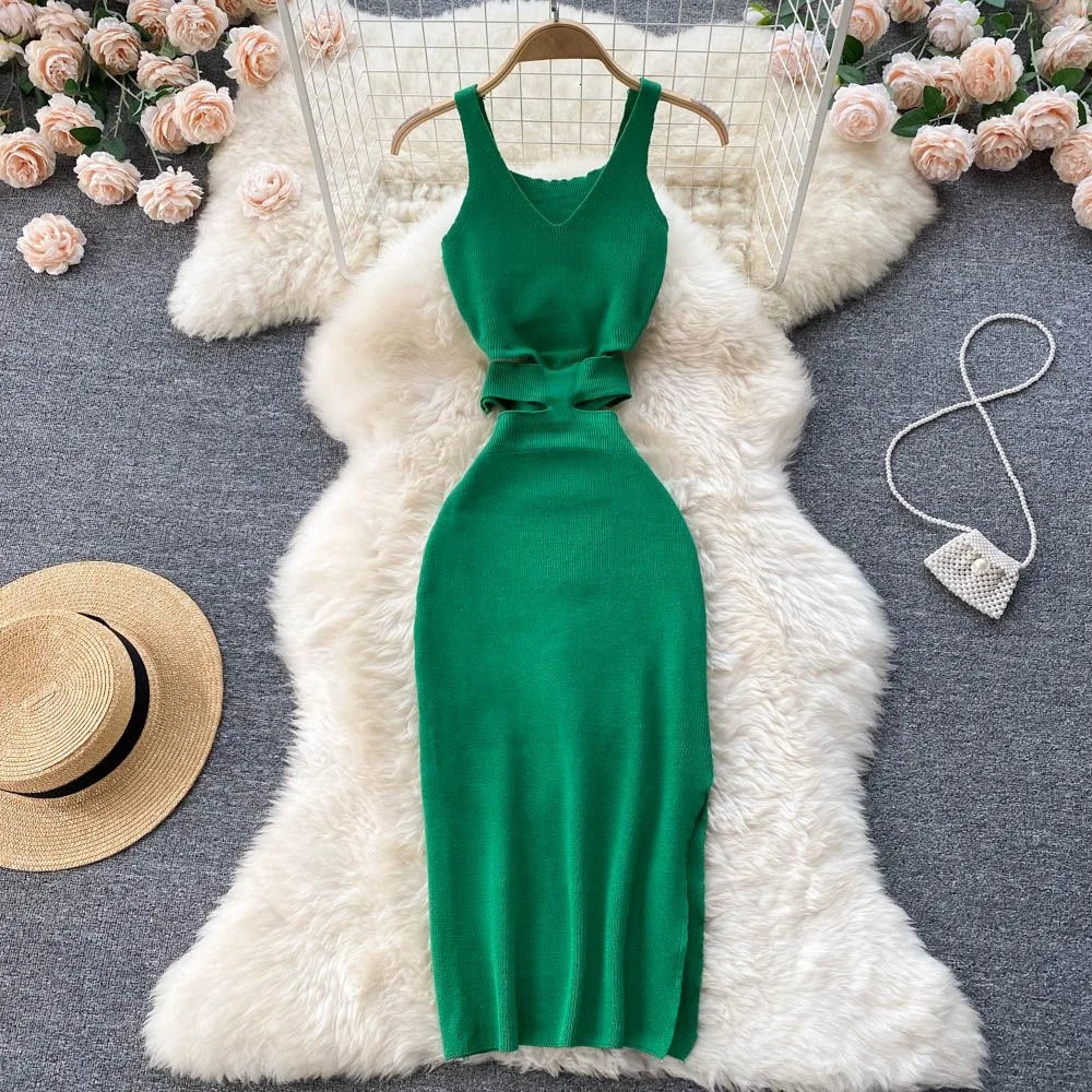 YuooMuoo Women Dress Sexy Cut Out Waist Package Hips Split Bodycon Summer Fashion Lady Knitted Party Vestidos Sundress 250807