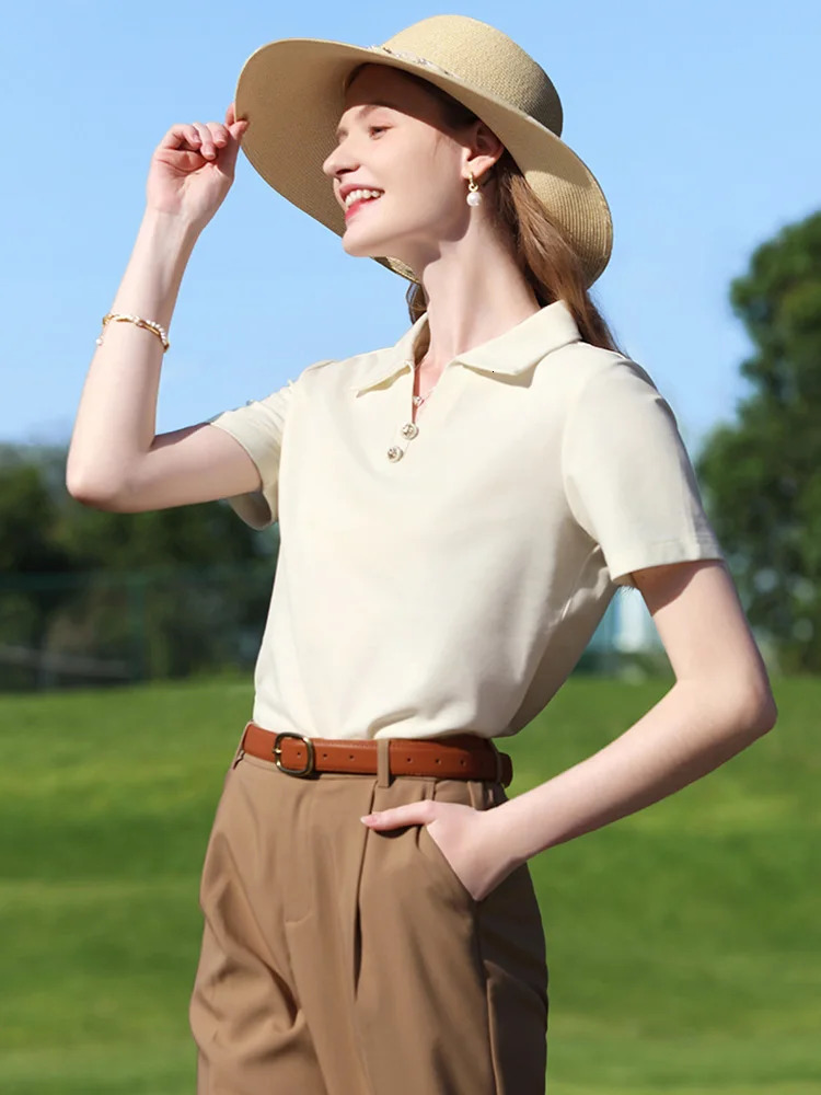 I BELIEVE YOU Women TShirt Summer Slimming Apricot French Polo VNeck Pique Breathable Commuting Short Sleeve 225950 250729