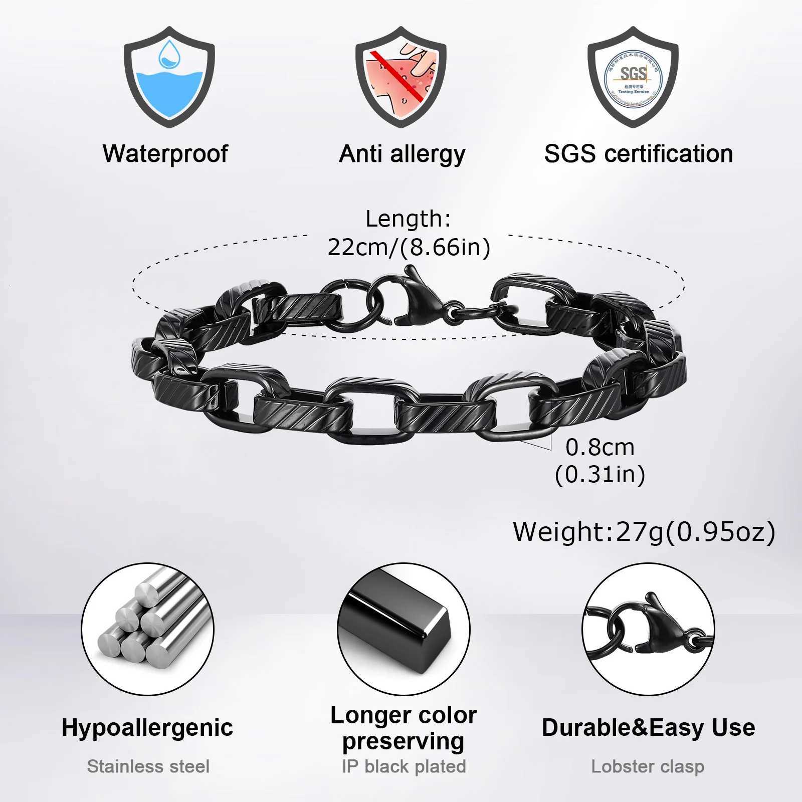 Stainless Steel Rectangular Chain Bracelet for Men Boys Chunky Black Chain Link Bracelet Hip Hop Rock Punk Jewelry W250807