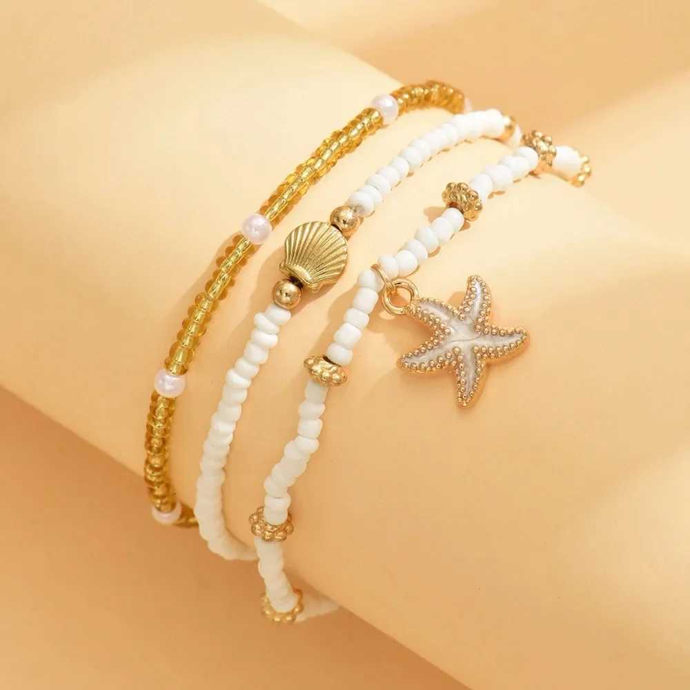 3PCS Bohemian Rice Beads Starfish Pendant Anklet Set Fashion Summer Beach Sea Shell Multilayer Ankle On Foot Jewelry Y250805