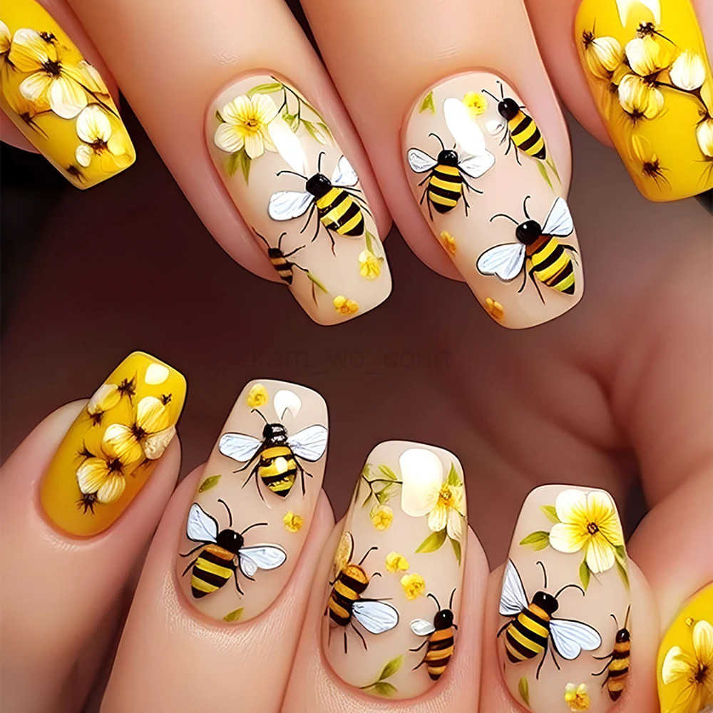 24pcs/set Short Medium Fake Nails for Spring Summer Beautiful Colorful Flowers Bees Faux Nails Tips Press on False Nail Art M250807