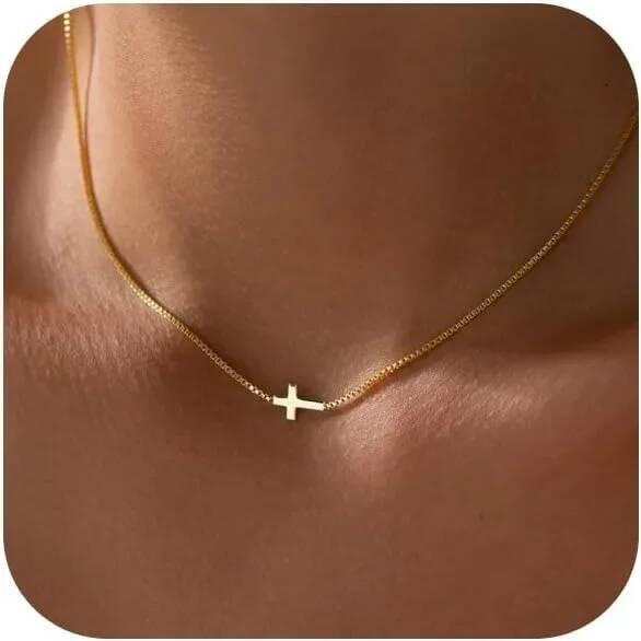 for Women 14K Gold Plated Small Cross Pendant Choker Simple Trendy Charm Chain Necklace Jewelry Religious Gift Jewelry for Women