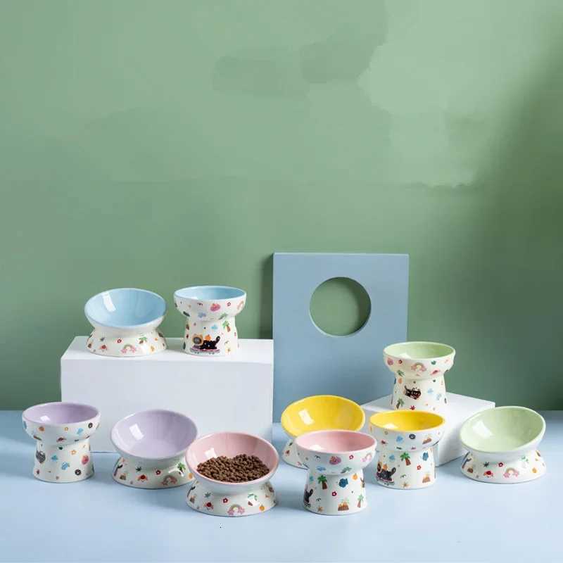 Fashion Creative Black Cat Series Pet Feeder Cute Cartoon Ceramic Bowl High Footed Cat Dog Food Drinking Bowl Dog Accessories Y250806