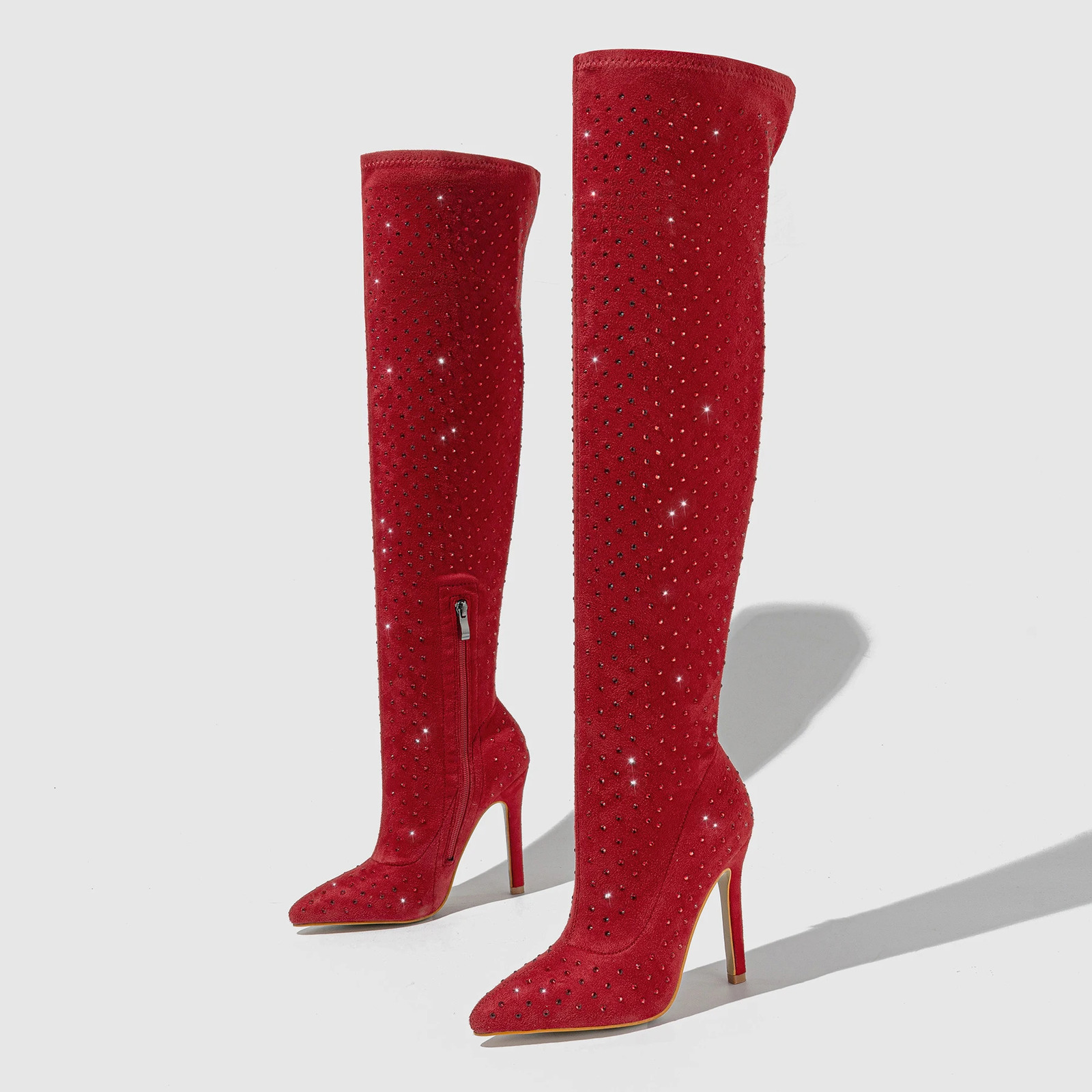 Fashion Rhinestone Knee High Boots Faux Velvet Thin Heeled Womens Boots Sexy Pointy Toe Side Zipper Comfort Shoes 250805