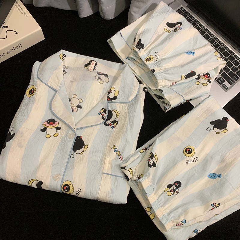 X207-Summer cloud pure cotton yarn pajamas women's summer short-sleeved loose large size three-piece suit home clothes