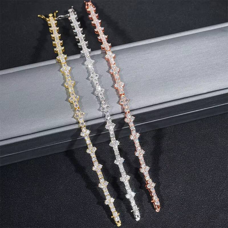 Fashion Solid S925 Gold Plated Cross Hip Hop Moissanite Bracelet Necklace VVS D Color Moissanite Diamond Tennis Chain