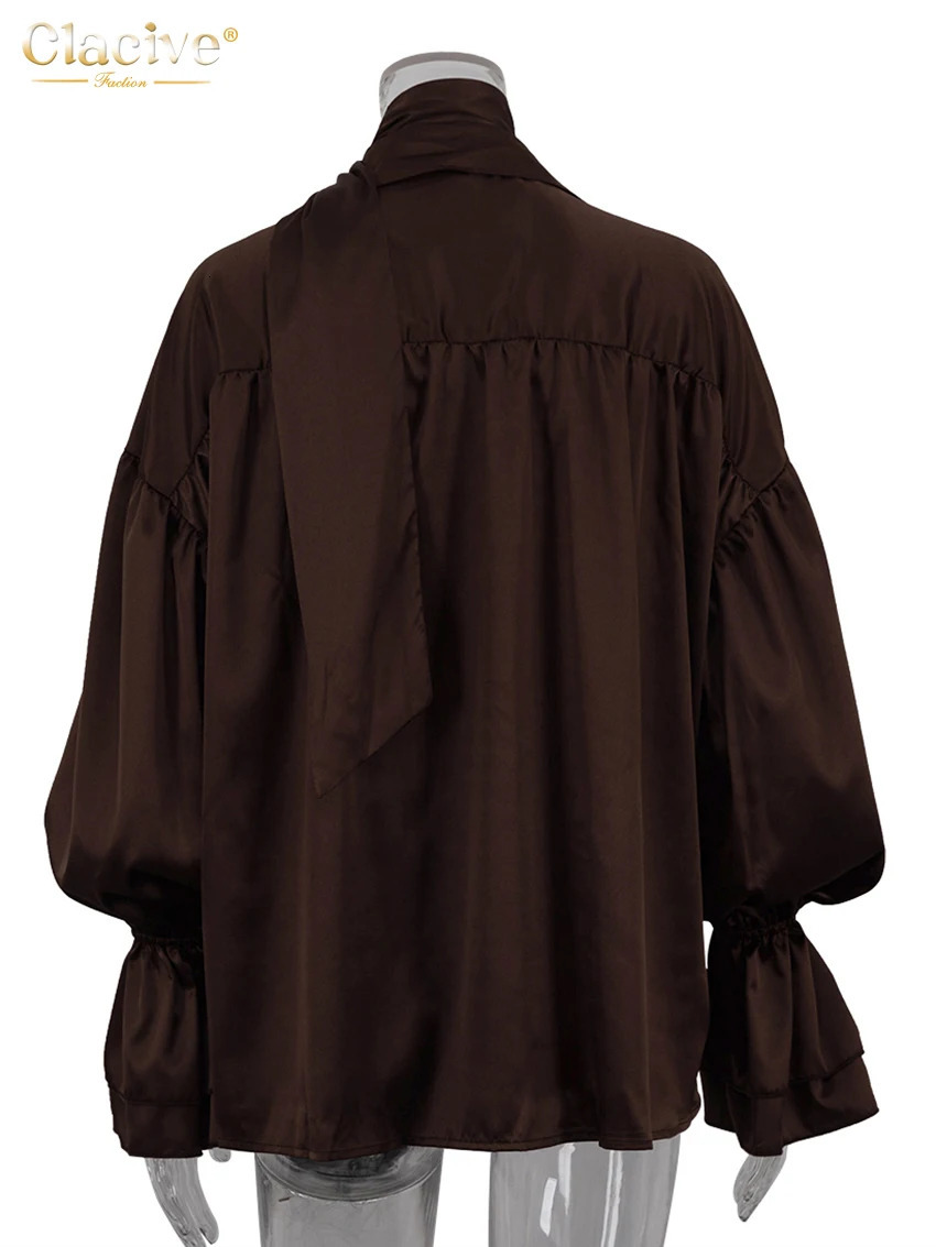 Clacive Fashion Loose Brown Satin Womens Shirt 2025 Elegant Lapel Long Sleeve Shirts Casual Classic Blusas Top Female Clothing 250806