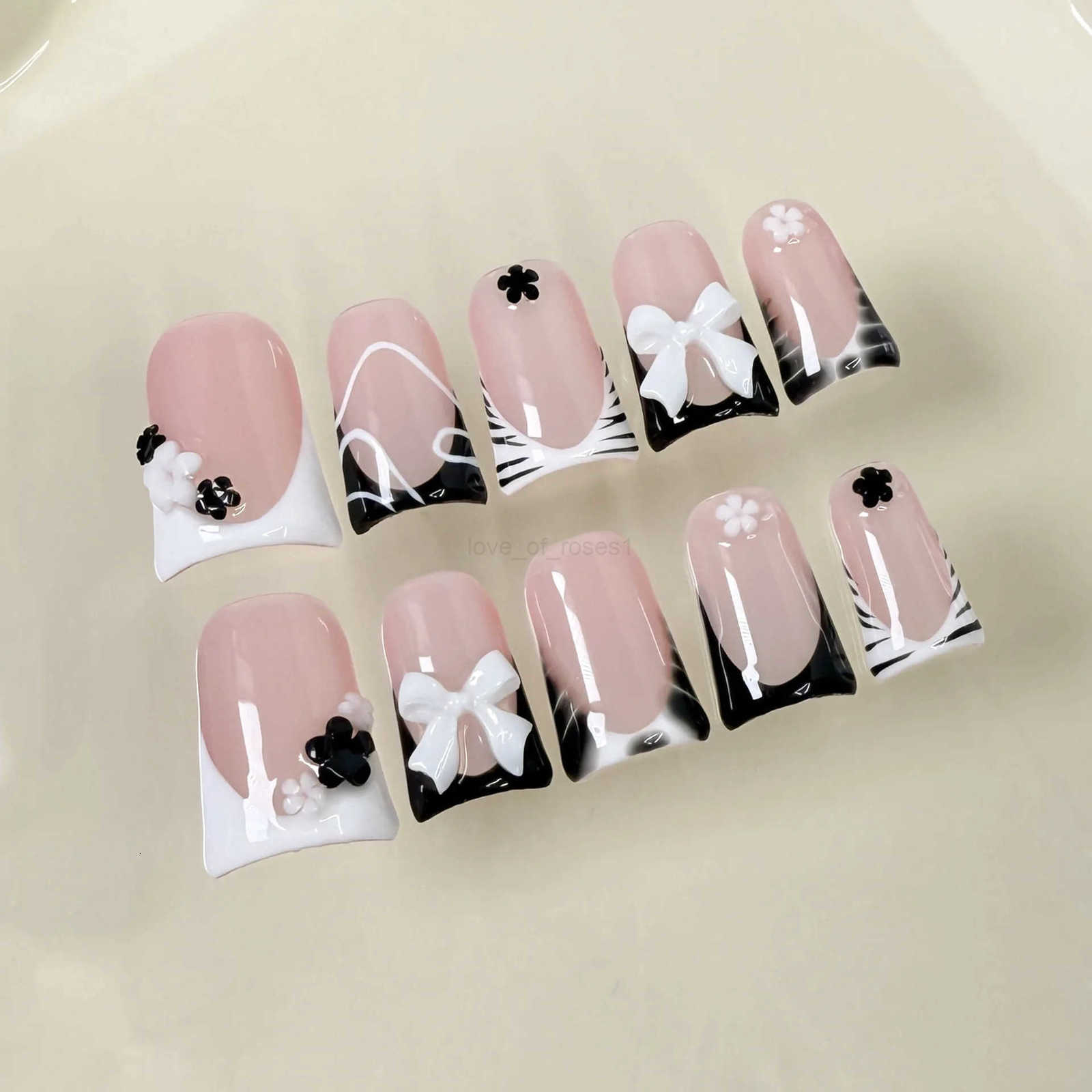 10pcs Sweet White Bowknots Press On Nails Pink French Style Glitter Diamond Pearl Decor Handmade False Nails Blush Duckbill Nails Z250807